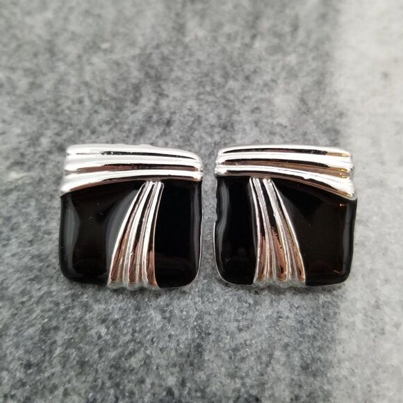 Vintage Black and Silver Tone Square Post Earrings, Retro 80s Style - Picture 5 of 5